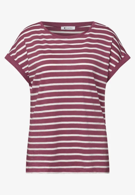 Lässiges T-Shirt mit kurzen Ärmeln und weiß-lila Streifenmuster